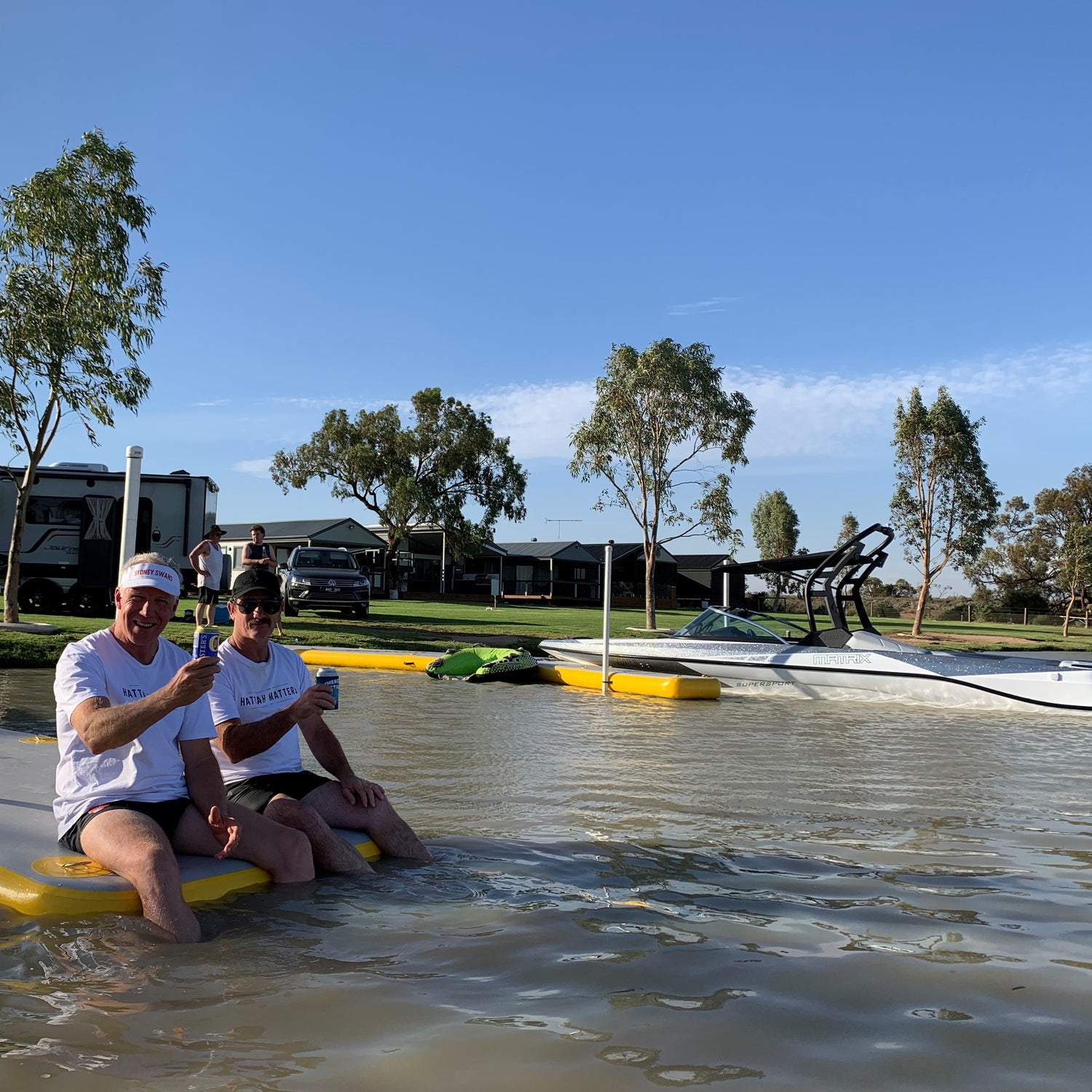 Bartlett Recreational Products Inflatable Pontoon Deck Extender - Boat Dock Mooring Platform Water Ski Yacht PWC Jetski Floatable Aqua Deck Australia Fosters Lager Mildura lake Cullulleraine Caravan Park